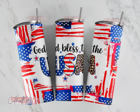 4th of July 20oz Skinny Tumbler Sublimation Designs God Bless The USA Red White Blue Flag Patriotic for 20 oz Tumbler Design - PNG Sublimation CaldwellArt 