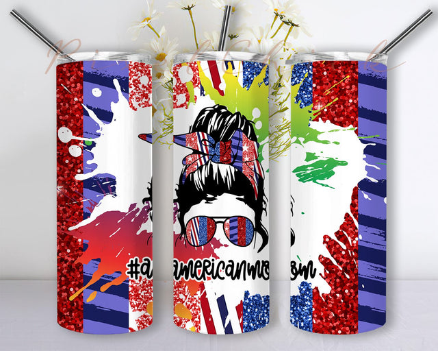 4th of July American Mom Life Bun Hair 20oz Skinny Tumbler Sublimation Designs Tumbler for Straight Tapered PNG File Digital Download Sublimation PixelChick 
