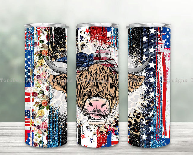 4th Of July Cow 20oz Skinny Tumbler Sublimation, Seamless American Flag Tumbler Wrap, Independence Day PNG Sublimation ToriDesigns 