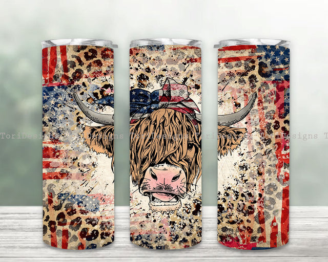 4th Of July Cow 20oz Skinny Tumbler Sublimation, Seamless American Flag Tumbler Wrap, Independence Day PNG Sublimation ToriDesigns 