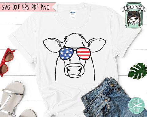 4th of July Cow SVG File, Fourth of July Cow SVG, American Flag SVG, Cow Sunglasses SVG July 4th Cut File, America SVG, USA SVG, July 4th Animals SVG, Funny Cow SVG SVG Wild Pilot 