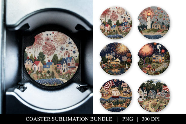 4th of July Embroidered Car Coaster Sublimation Bundle Sublimation BijouBay 