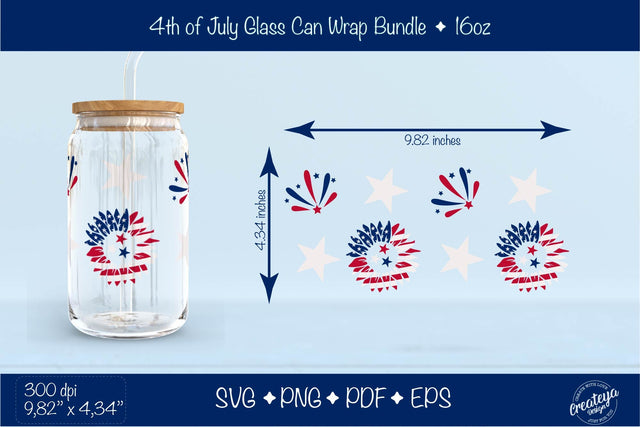 4th of July Glass Can wrap. American sunflower Beer Can Glass Wrap 16 oz. for Libbey Can Glass, Patriotic SVG Createya Design 