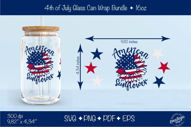 4th of July Glass Can wrap. American Sunflower Patriotic Beer Can Glass Wrap 16 oz. for Libbey Can Glass SVG Createya Design 