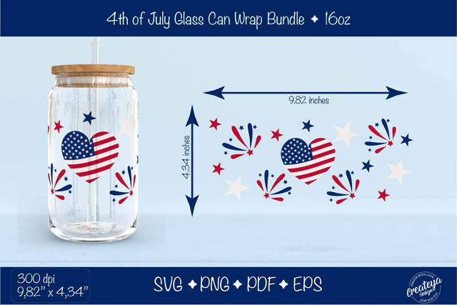 4th of July Glass Can wrap. Beer Can Glass Wrap 16 oz. for Libbey Can Glass, Patriotic SVG Createya Design 