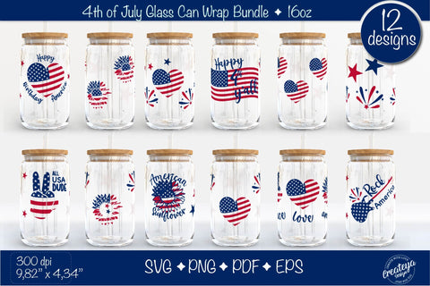 4th of July Glass Can wrap Bundle. Patriotic Glass Can, Beer Can Glass Wrap 16 oz. for Libbey Can Glass, Libbey Wrap SVG SVG Createya Design 