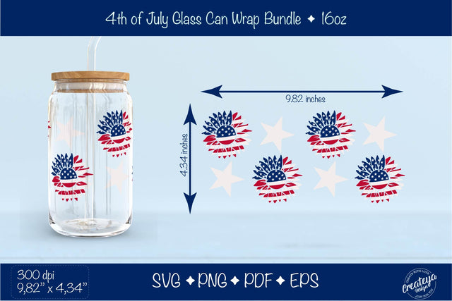 4th of July Glass Can wrap. Patriotic American sunflower Beer Can Glass Wrap 16 oz. for Libbey Can Glass, SVG Createya Design 
