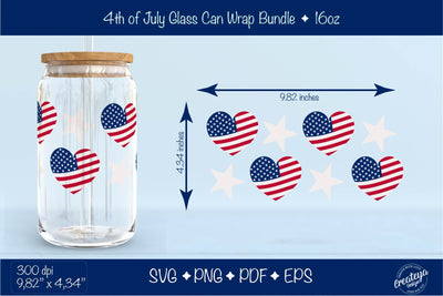 4th of July Glass Can wrap. Patriotic Beer Can Glass Wrap 16 oz. American heart for Libbey Can Glass SVG Createya Design 