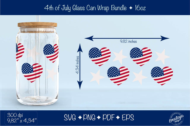 4th of July Glass Can wrap. Patriotic Beer Can Glass Wrap 16 oz. American heart for Libbey Can Glass SVG Createya Design 