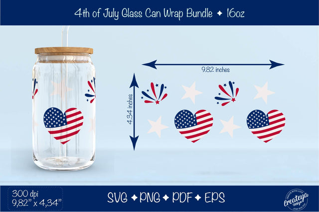 4th of July Glass Can wrap. Patriotic Beer Can Glass Wrap 16 oz. for Libbey Can Glass, American fireworks and heart SVG Createya Design 