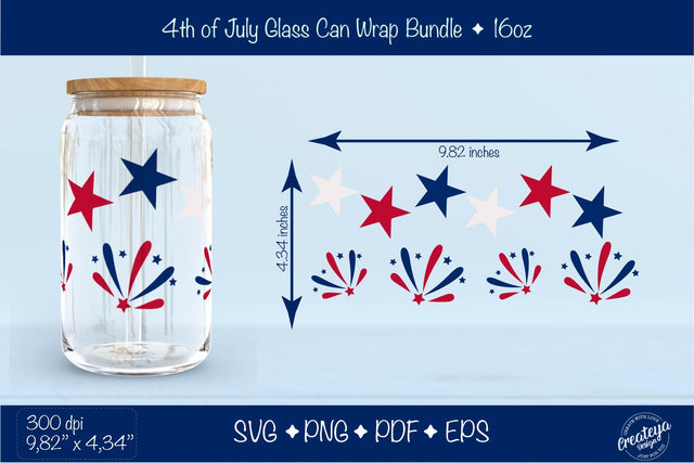 4th of July Glass Can wrap. Patriotic Beer Can Glass Wrap 16 oz. for Libbey Can Glass, American fireworks SVG Createya Design 