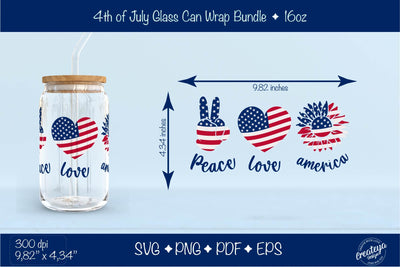 4th of July Glass Can wrap. Patriotic Beer Glass Can Wrap 16 oz. for Libbey Can Glass, Peace Love America Libbey Wrap SVG SVG Createya Design 