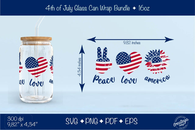 4th of July Glass Can wrap. Patriotic Beer Glass Can Wrap 16 oz. for Libbey Can Glass, Peace Love America Libbey Wrap SVG SVG Createya Design 