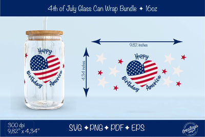 4th of July Glass Can wrap. Patriotic Glass Can, Beer Can Glass Wrap 16 oz. for Libbey Can Glass, Happy Birthday America Libbey Wrap SVG SVG Createya Design 