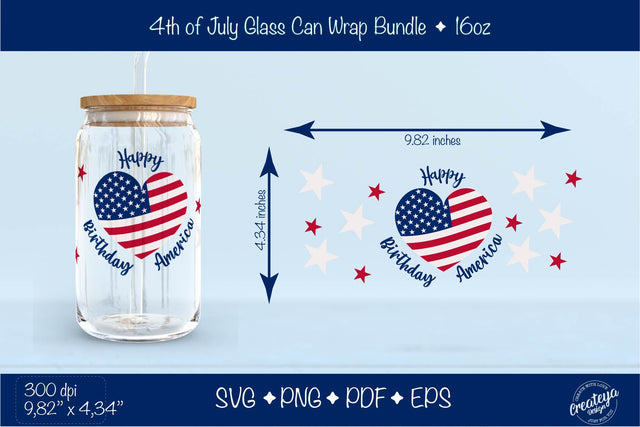 4th of July Glass Can wrap. Patriotic Glass Can, Beer Can Glass Wrap 16 oz. for Libbey Can Glass, Happy Birthday America Libbey Wrap SVG SVG Createya Design 