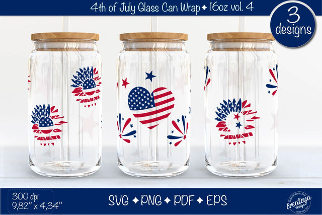 4th of July Glass Can wrap SVG. Patriotic Beer Glass Can Wrap 16 oz. for Libbey Can Glass SVG. American sunflower SVG Createya Design 
