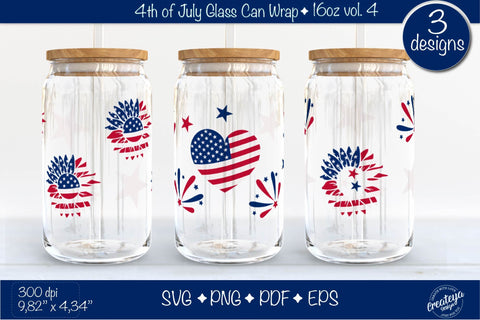 4th of July Glass Can wrap SVG. Patriotic Beer Glass Can Wrap 16 oz. for Libbey Can Glass SVG. American sunflower SVG Createya Design 