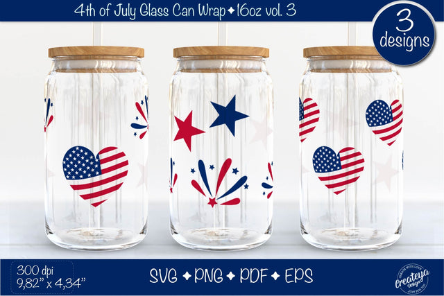 4th of July Glass Can wrap SVG. Patriotic Beer Glass Can Wrap 16 oz. for Libbey Can Glass SVG SVG Createya Design 