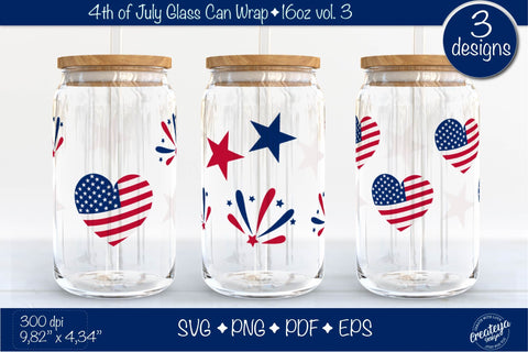 4th of July Glass Can wrap SVG. Patriotic Beer Glass Can Wrap 16 oz. for Libbey Can Glass SVG SVG Createya Design 