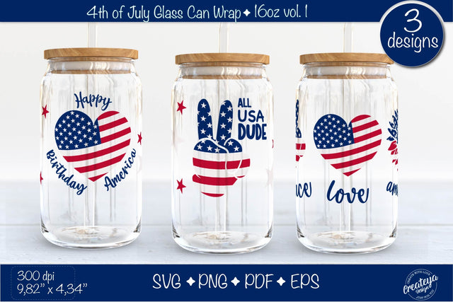 4th of July Glass Can wrap SVG. Patriotic Glass Can, Beer Can Glass Wrap 16 oz. for Libbey Can Glass SVG SVG Createya Design 