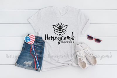 4th of July Mockup, Ash Bella Canvas 3001 Mockup, Patriotic Mockup, Women's Shirt Mockup Mock Up Photo Honeycomb Mockups 