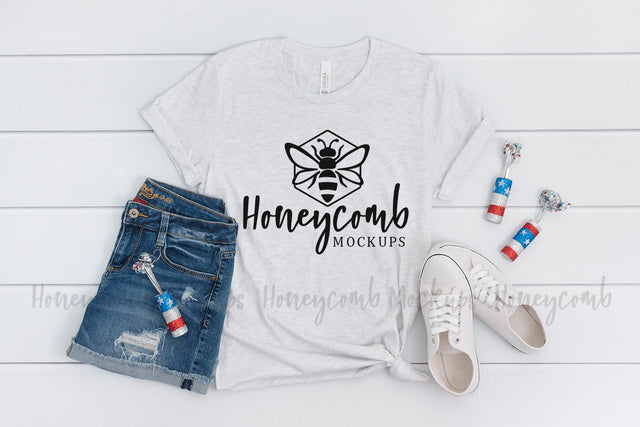 4th of July Mockup, Ash Bella Canvas 3001m Women's Shirt Mockup, Patriotic Mockup Mock Up Photo Honeycomb Mockups 