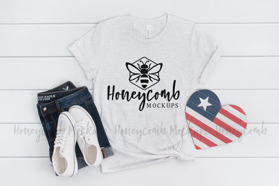 4th of July Mockup, Bella Canvas 3001 Ash Mockup, Women's T-Shirt Mockup, Patriotic Mockup Mock Up Photo Honeycomb Mockups 