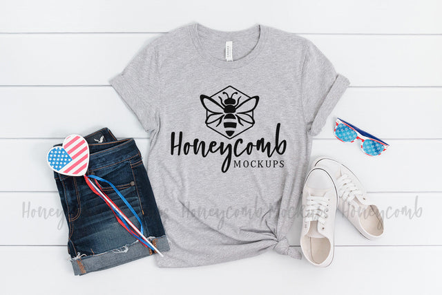 4th of July Mockup, Bella Canvas 3001 Athletic Heather, Patriotic Mockup, Women's T-Shirt Mockup Mock Up Photo Honeycomb Mockups 