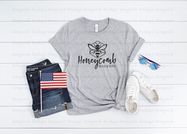 4th of July Mockup, Bella Canvas 3001 Athletic Heather, Womens T-Shirt Mockup, Patriotic Mockup, Independence Day Mockup Mock Up Photo Honeycomb Mockups 