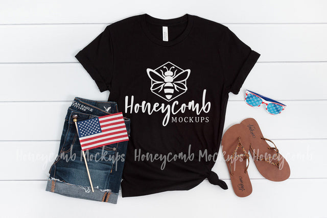 4th of July Mockup, Bella Canvas 3001 Black Mockup, Women's T-Shirt Mockup, Patriotic Mockup Mock Up Photo Honeycomb Mockups 
