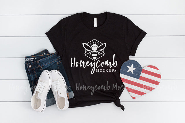 4th of July Mockup, Bella Canvas 3001 Heather Black, Patriotic Mockup, Women's T-Shirt Mockup Mock Up Photo Honeycomb Mockups 