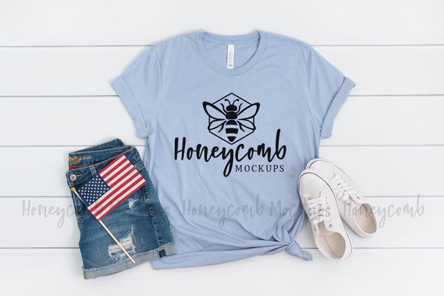 4th of July Mockup, Bella Canvas 3001 Heather Blue, Patriotic Mockup Mock Up Photo Honeycomb Mockups 