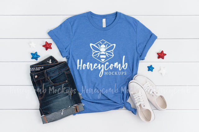 4th of July Mockup, Bella Canvas 3001 Heather Columbia Blue, Patriotic Mockup Mock Up Photo Honeycomb Mockups 