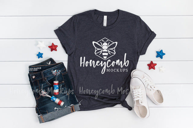 4th of July Mockup, Bella Canvas 3001 Heather Midnight Navy, Patriotic Mockup Mock Up Photo Honeycomb Mockups 