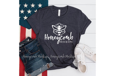 4th of July Mockup, Bella Canvas 3001 Heather Midnight Navy, Women's Shirt Mockup Mock Up Photo Honeycomb Mockups 