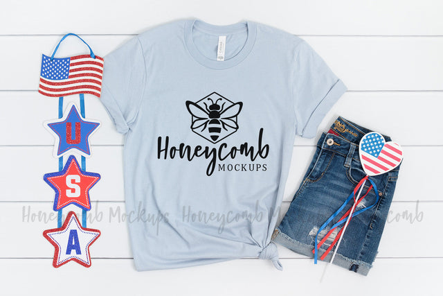 4th of July Mockup, Bella Canvas 3001 Light Blue T-Shirt Mockup Mock Up Photo Honeycomb Mockups 