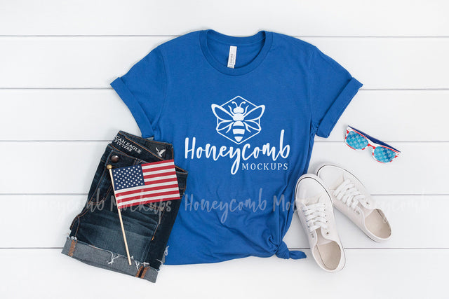 4th of July Mockup, Bella Canvas 3001 True Royal Mockup, Women's T-Shirt Mockup Mock Up Photo Honeycomb Mockups 
