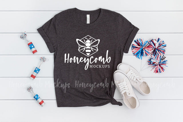 4th of July Mockup, Bella Canvas Dark Heather Grey 3001, Patriotic Mockup Mock Up Photo Honeycomb Mockups 
