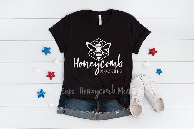 4th of July Mockup, Bella Canvas Heather Black 3001 Mockup, Patriotic Mockup Mock Up Photo Honeycomb Mockups 