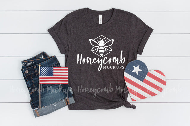 4th of July Mockup, Dark Grey Heather 3001, Bella Canvas Mockup, Women's T-Shirt Mockup, Patriotic Mockup Mock Up Photo Honeycomb Mockups 