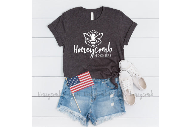 4th of July Mockup, Dark Grey Heather 3001, Patriotic Mockup Mock Up Photo Honeycomb Mockups 