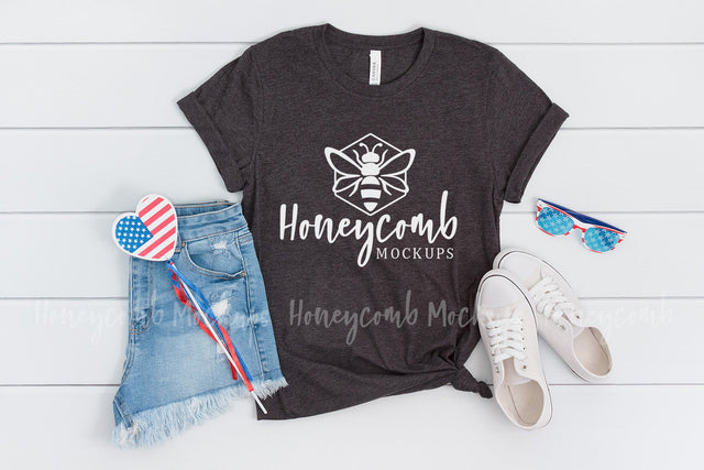 4th of July Mockup, Dark Grey Heather 3001, Women's T-Shirt Mockup, Bella Canvas Mockup Mock Up Photo Honeycomb Mockups 
