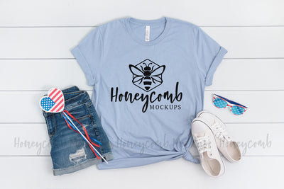 4th of July Mockup. Heather Blue Bella Canvas 3001 Mockup, Women's Shirt Mockup, Patriotic Mockup Mock Up Photo Honeycomb Mockups 