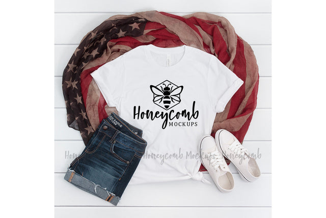4th of July Mockup, White 3001 Bella Canvas Mockup, Women's T-Shirt Mockup Mock Up Photo Honeycomb Mockups 