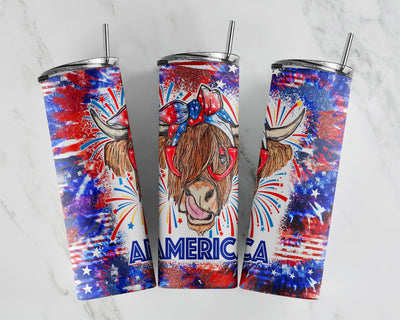 4th Of July Patriotic Cow 20oz Skinny Sublimation Tumbler Design, Straight & Tapered, DIGITAL DOWNLOAD, PNG file, American Cow Tumbler Wrap Sublimation CaldwellArt 