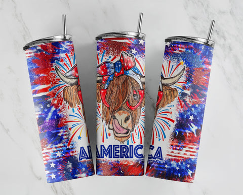 4th Of July Patriotic Cow 20oz Skinny Sublimation Tumbler Design, Straight & Tapered, DIGITAL DOWNLOAD, PNG file, American Cow Tumbler Wrap Sublimation CaldwellArt 