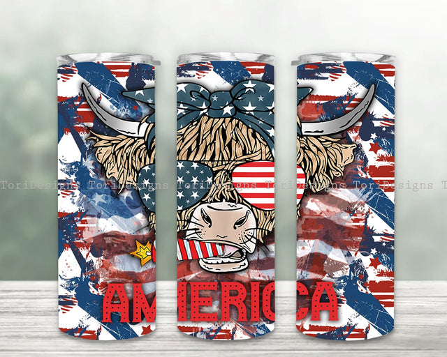 4th Of July Patriotic Cow 20oz Skinny Sublimation Tumbler Design, Western 4th Of July Wrap Sublimation ToriDesigns 
