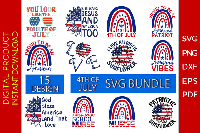4th Of July Patriotic Rainbow Sunflower SVG PNG PDF Bundle Cut File SVG Creativedesigntee 
