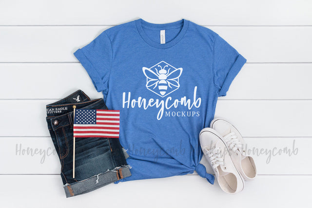 4th of July Shirt Mockup, Bella Canvas 3001 Heather Columbia Blue, Patriotic Mockup Mock Up Photo Honeycomb Mockups 