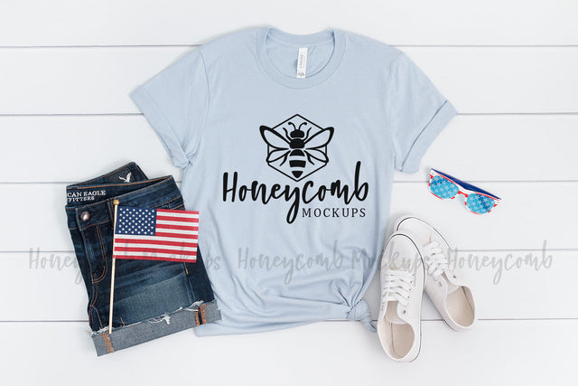4th of July Shirt Mockup, Bella Canvas 3001 Light Blue Mockup Mock Up Photo Honeycomb Mockups 